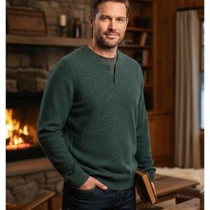 LL Bean Mens Wool Blend Henley Sweater XL Tall Green Gorpcore Aesthetic Grandpa